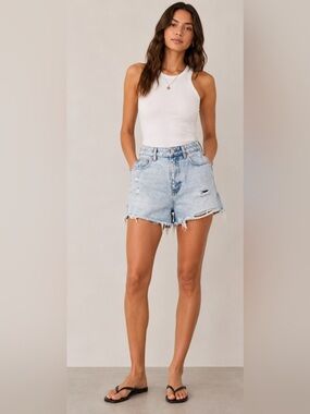 Primark Light Wash Distressed High-Rise Denim Shorts Size -8 Scandi Casual